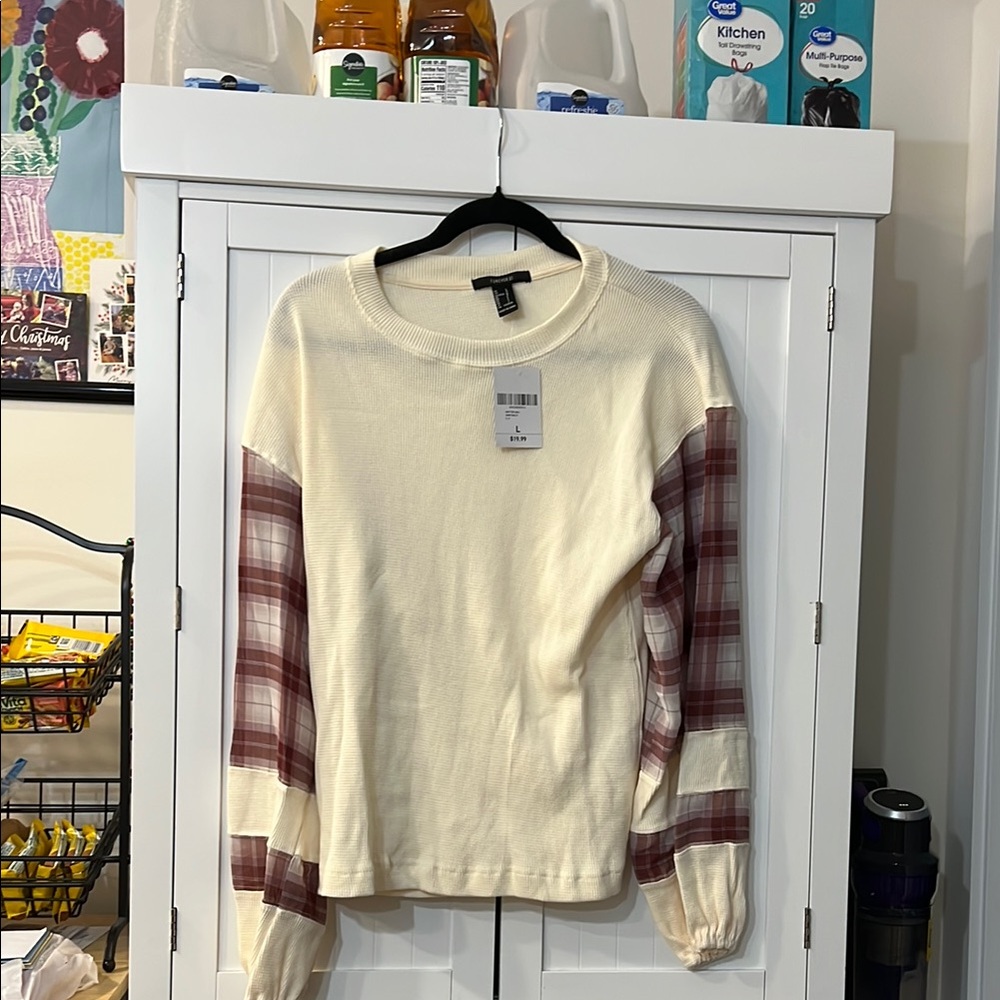 Forever 21 Cream and Brown Plaid Sleeve Top